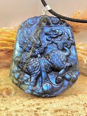 Nature Labradorite Foo Dog Big Pendant Necklace